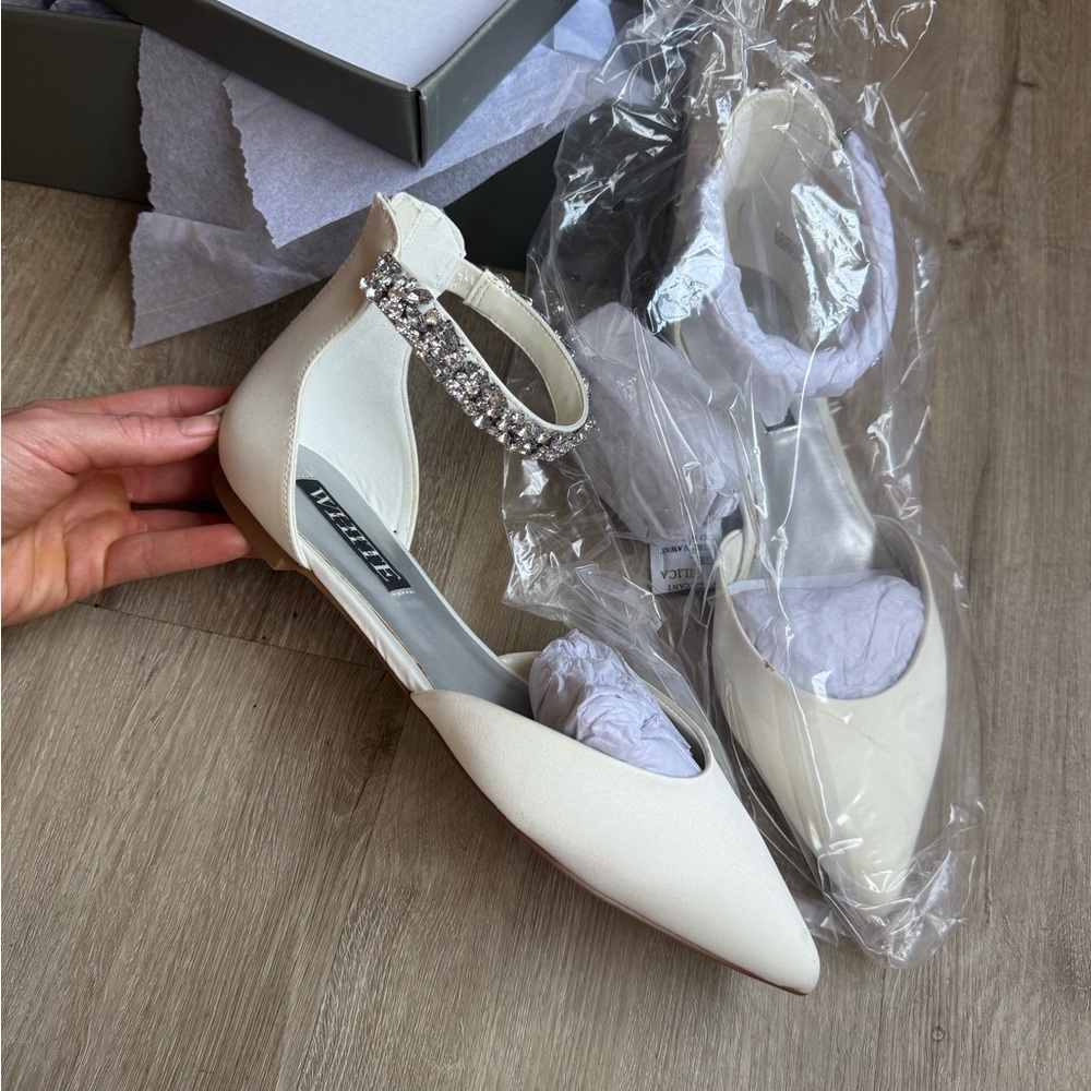 Vera Wang Cream Flats with Rhinestone Ankle Strap